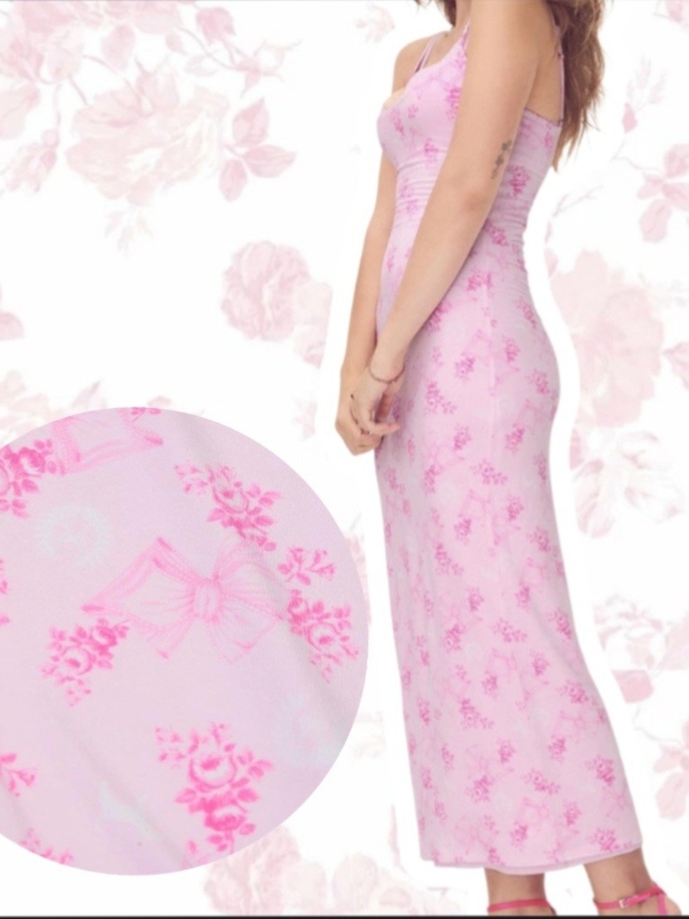 LoveShackFancy VS PINK Floral Bow Slip Maxi Dress In Pink
